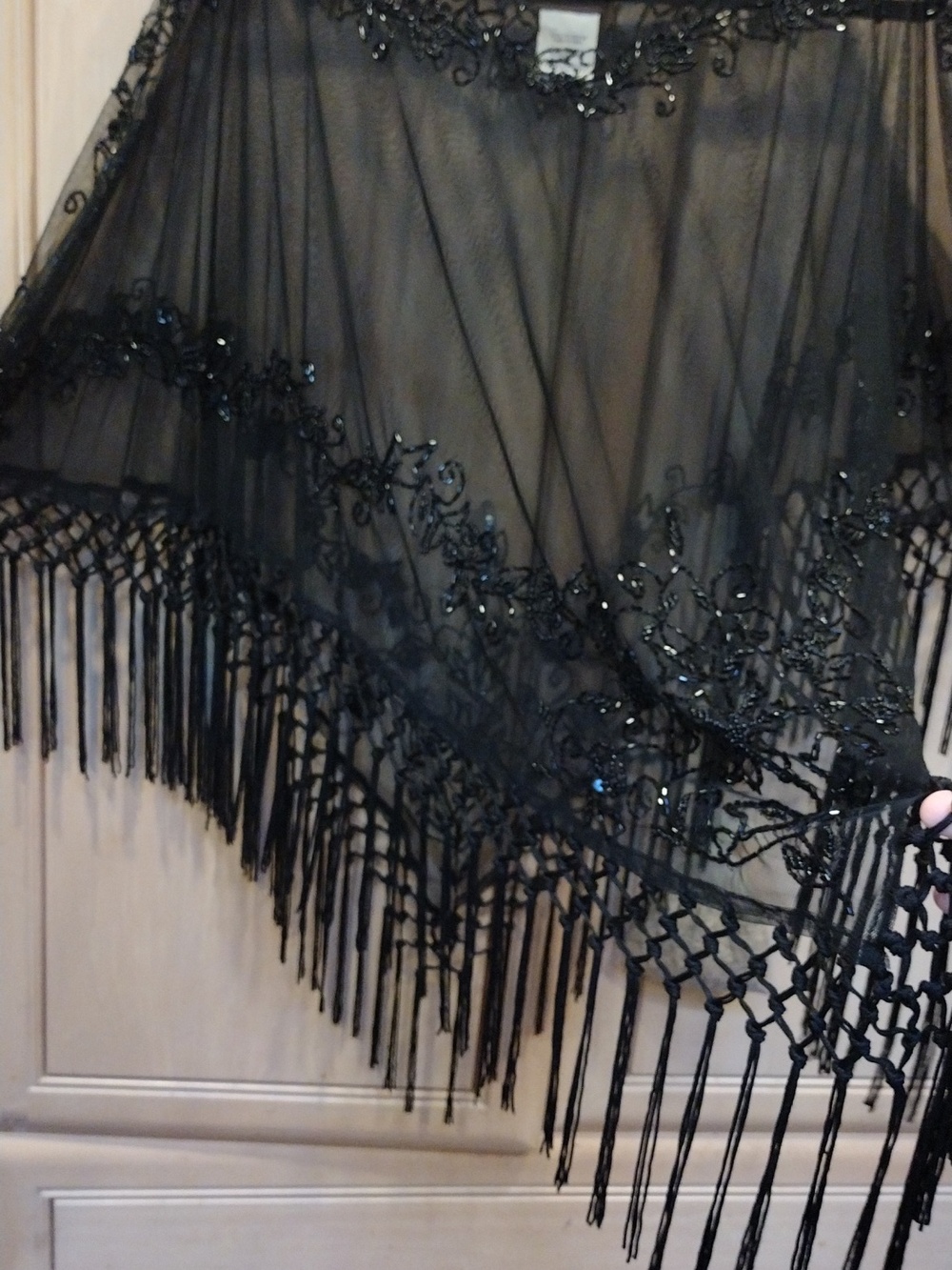 Vtg Gothic Sheer Embroidered Glass Beads Sequins & Fringe Stevie Nicks Poncho - Picture 8 of 16